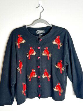 Vtg Bobbie C Embroidered Cardinal Red Bird Novelty Boxy Cardigan Sweater Sz XL